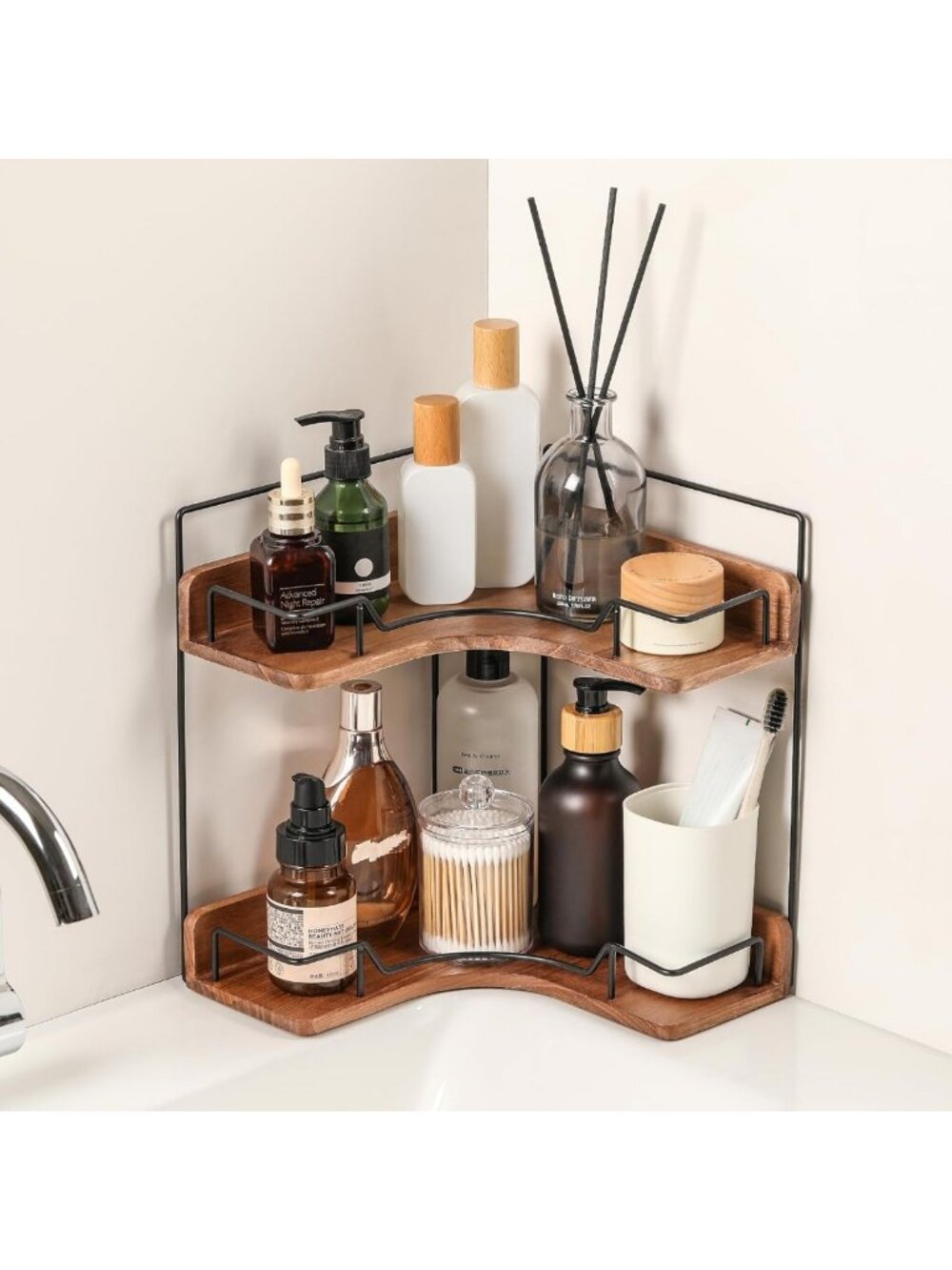 2-Tier Wooden Corner Shelf Organizer for Bathroom Vanity & Kitchen Storage